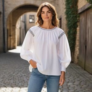 Madewell White Embroidered Poplin Blouse Balloon Sleeve Top Cotton‎ Women's XS